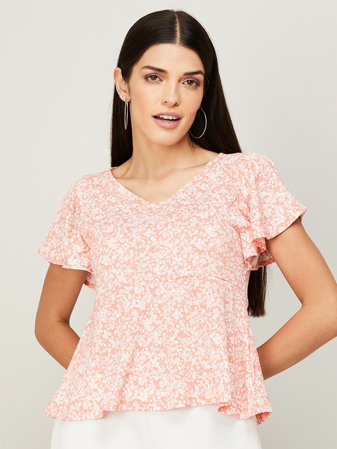 

CODE by Lifestyle Women Peach-Coloured & White Floral Print Peplum Top