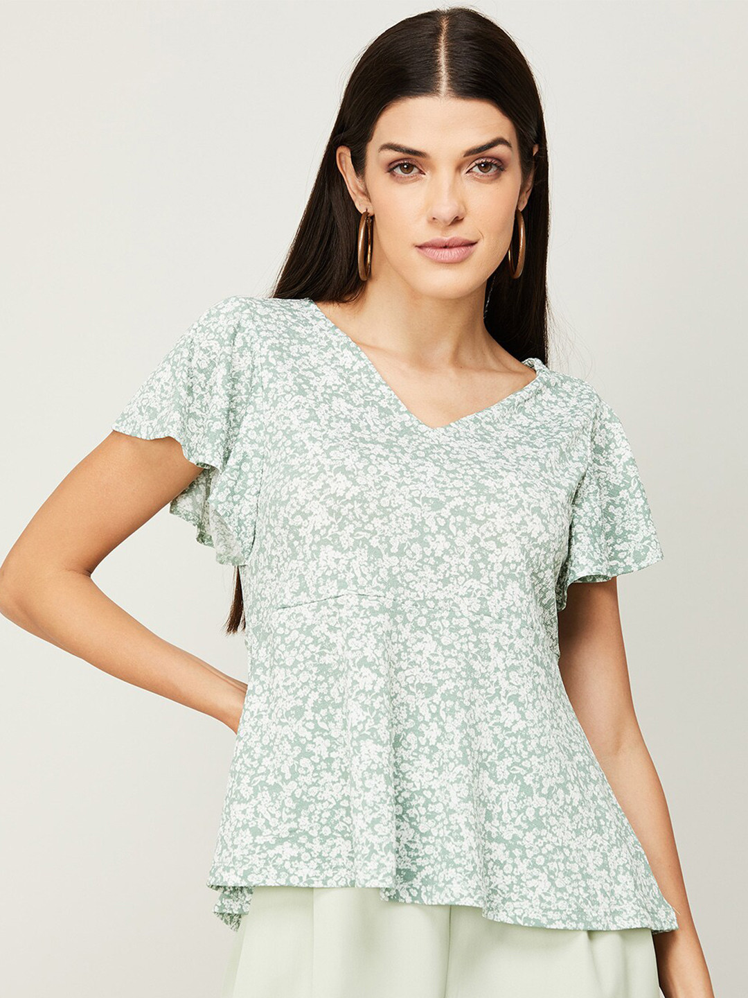 

CODE by Lifestyle Women Green Floral Print Peplum Top