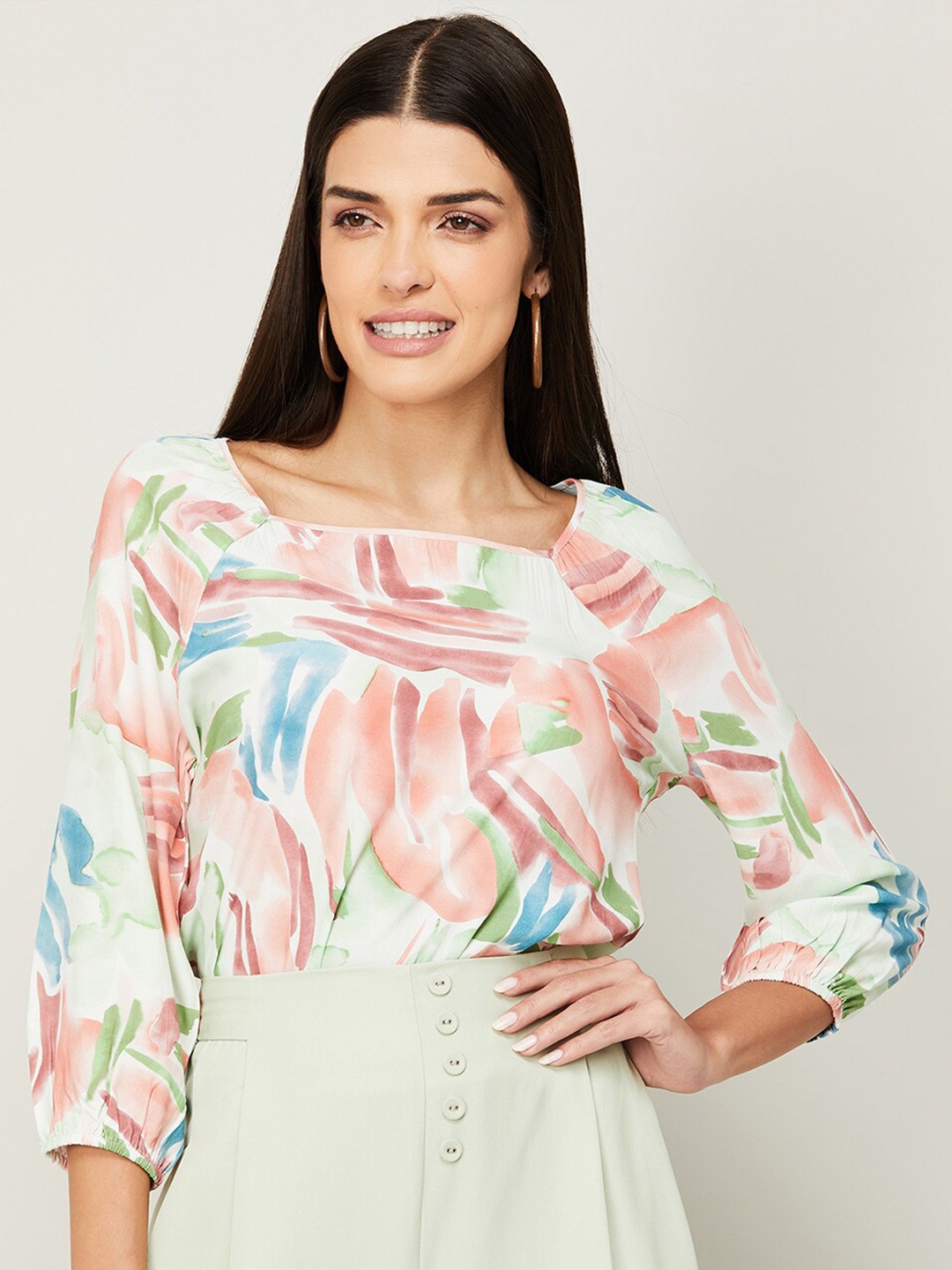 

Fame Forever by Lifestyle Off White & Green Printed Crop Top
