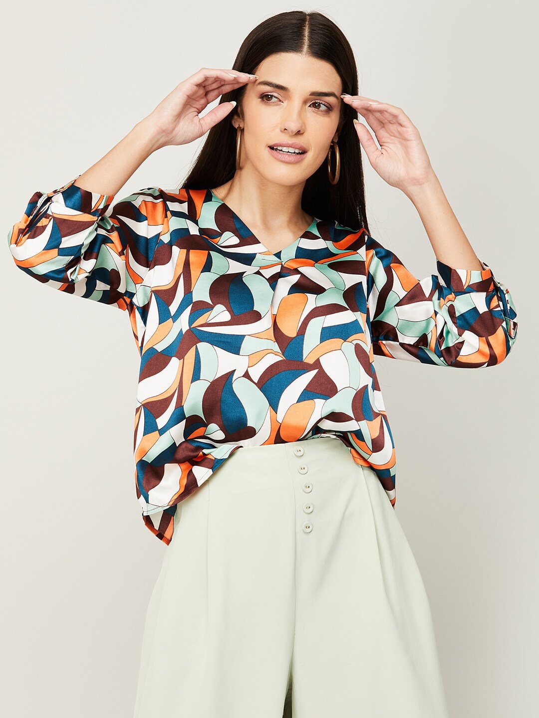 

Fame Forever by Lifestyle Green & Blue Print Shirt Style Top