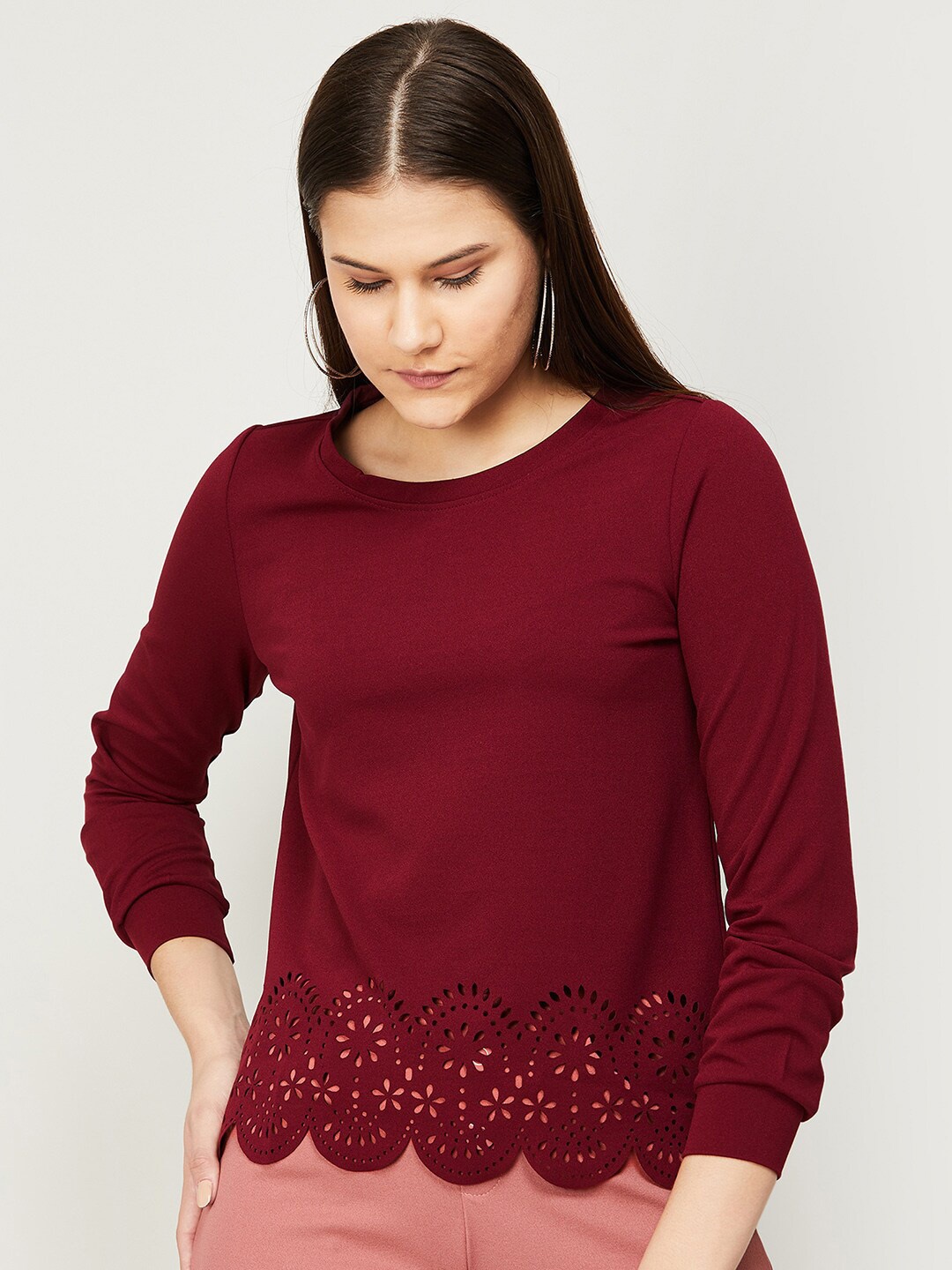 

Fame Forever by Lifestyle Women Red Solid Schiffli Pure Cotton Top
