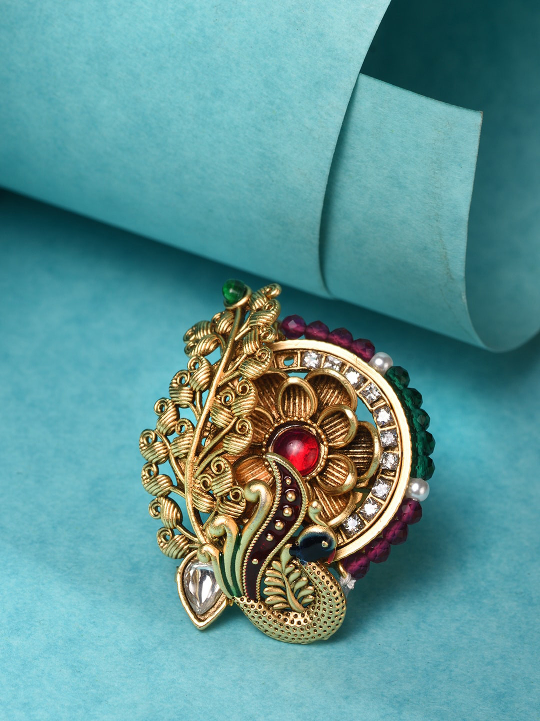 

Saraf RS Jewellery Gold-Plated Green Kempo Peacock Motif Adjustable Finger Ring