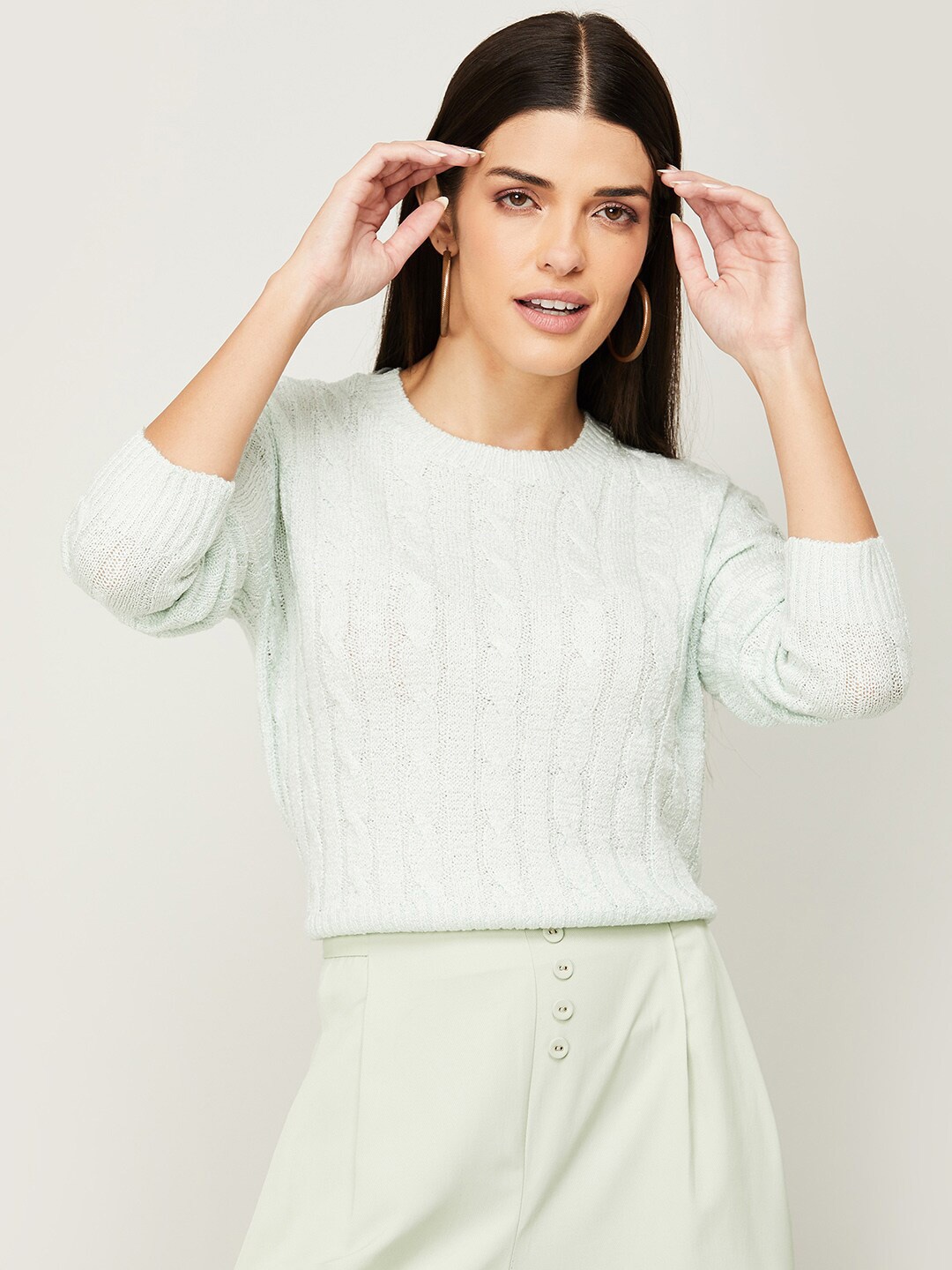 

Ginger by Lifestyle Women Sea Green Cable Knit Pullover