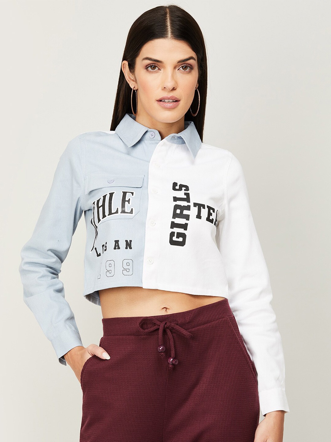 

Ginger by Lifestyle Women Off White & Blue Printed Pure Cotton Shirt Style Crop Top