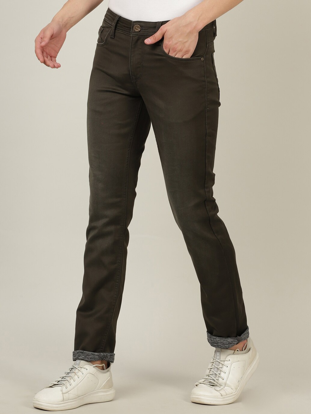 

Crocodile Men Olive Green Solid Smart Slim Fit Stretchable Jeans