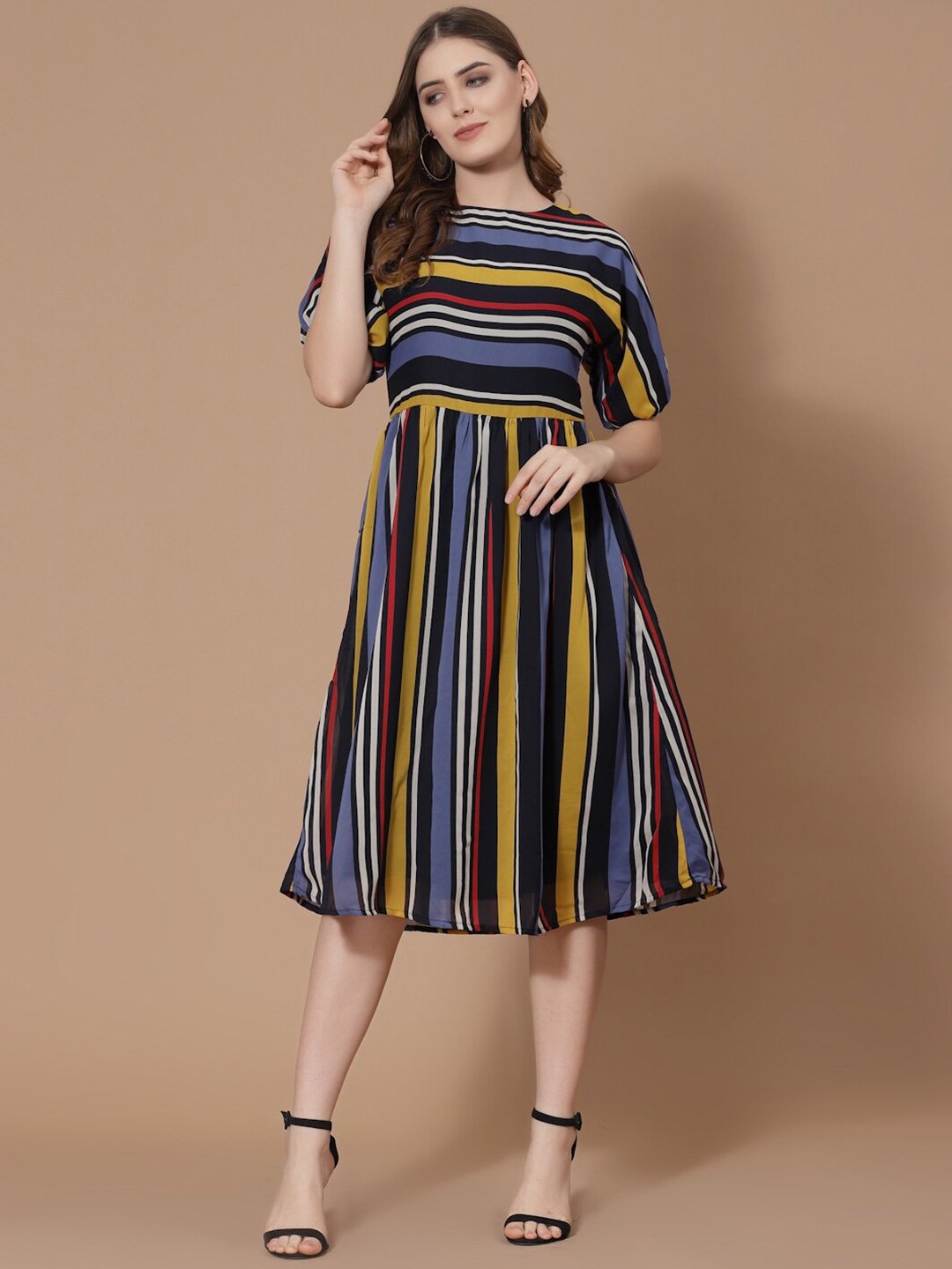 

HOUSE OF KKARMA Blue & Red Striped Georgette Midi Dress