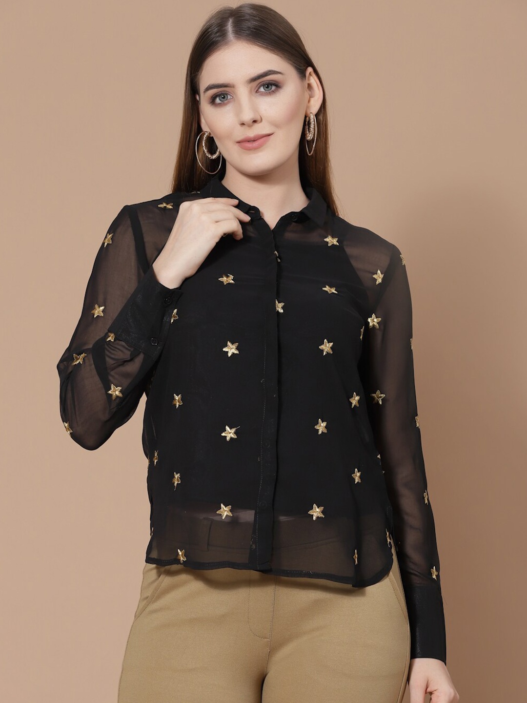 

HOUSE OF KKARMA Women Gold-Toned Sheer Printed Casual Shirt