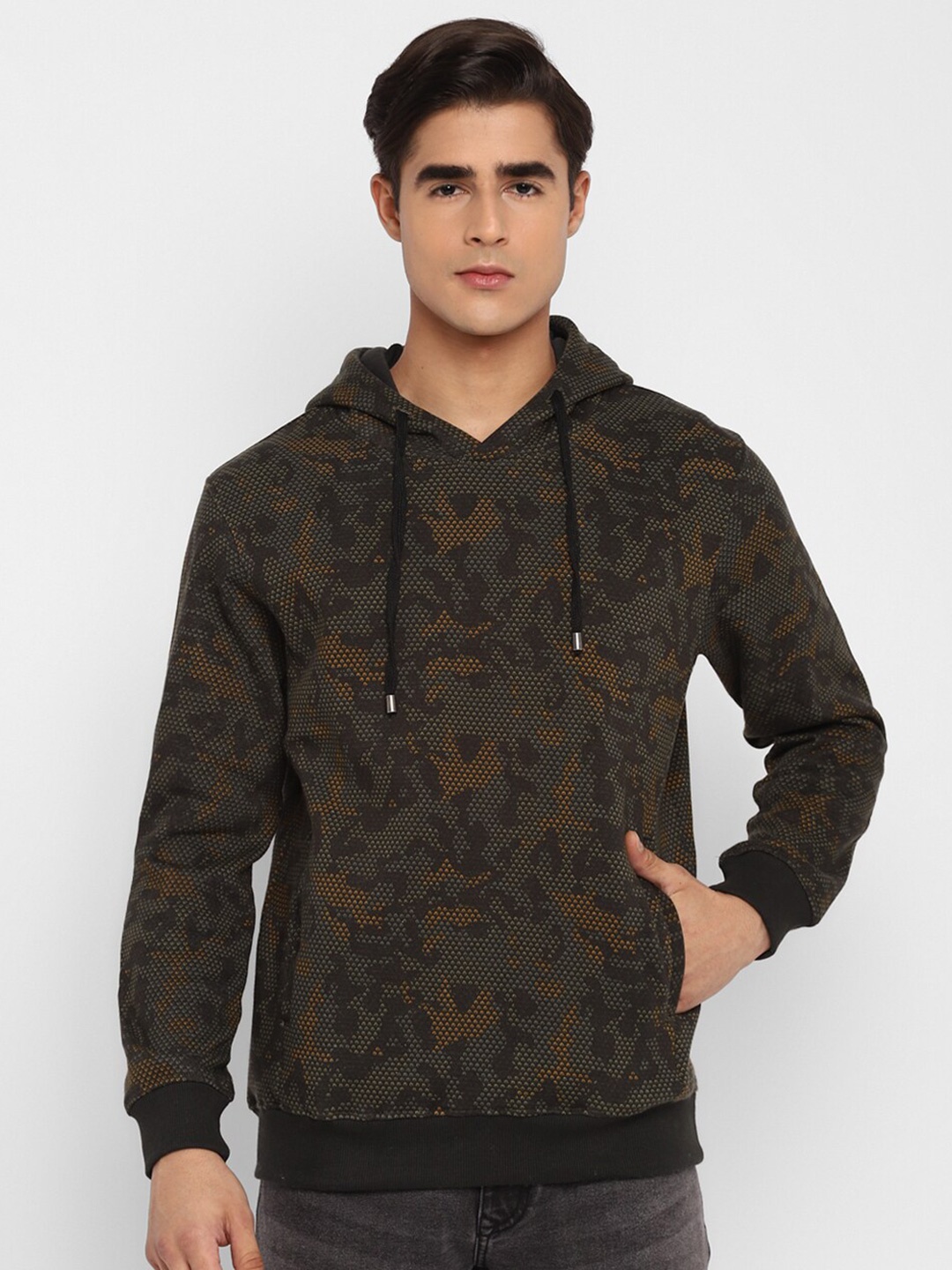 

Red Chief Men Olive Green Printed Hooded Sweatshirt
