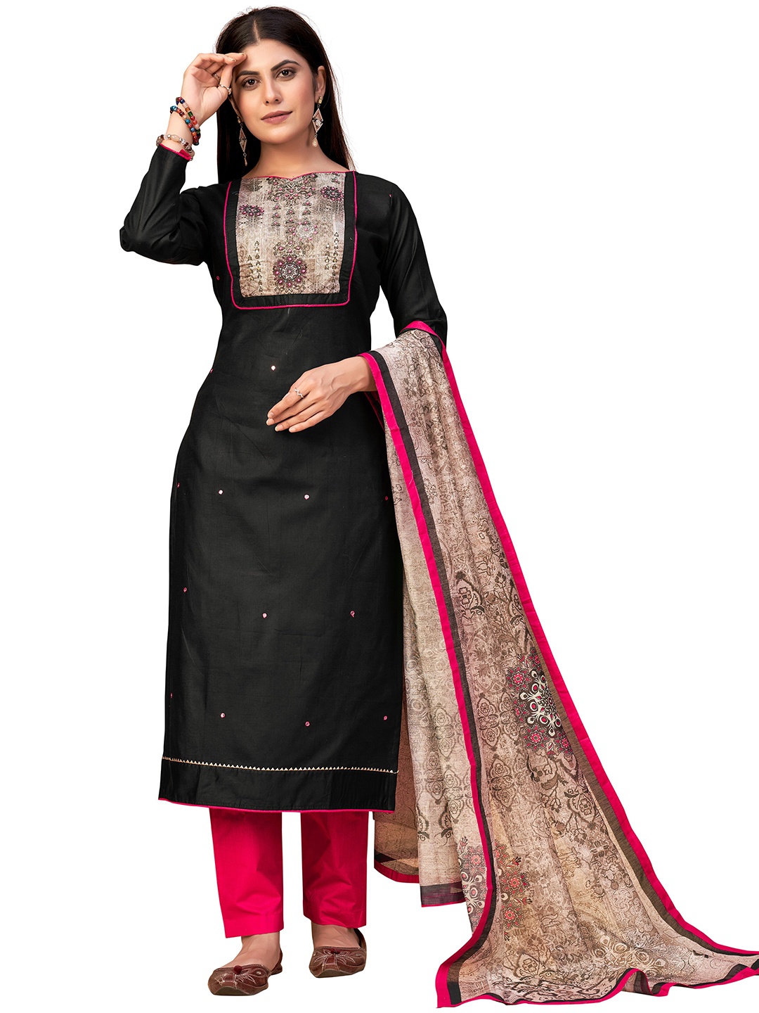 

Leelyfab Black & Pink Embroidered Pure Cotton Unstitched Dress Material