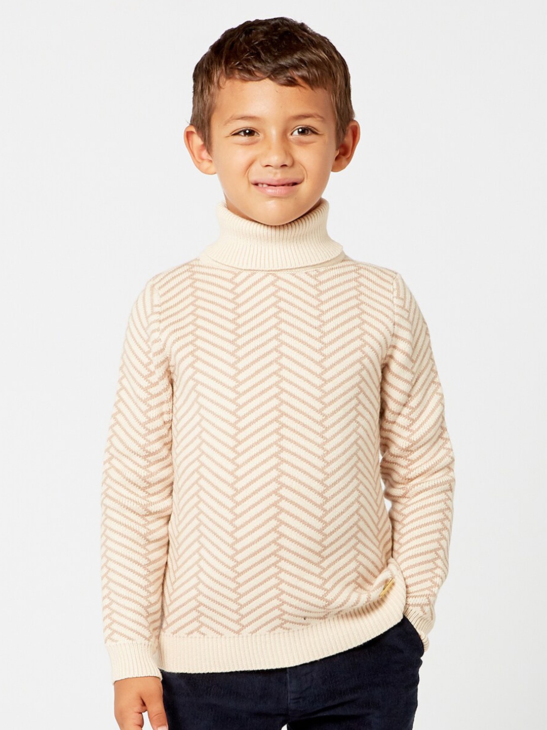 

One Friday Boys Beige & Off White Printed Pullover