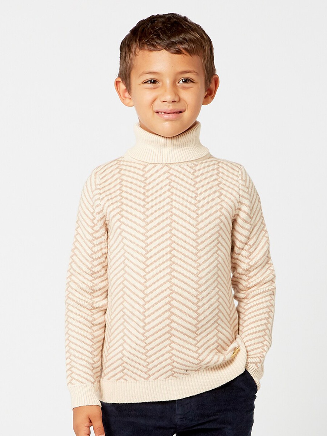 

One Friday Boys Beige & White Printed Pullover
