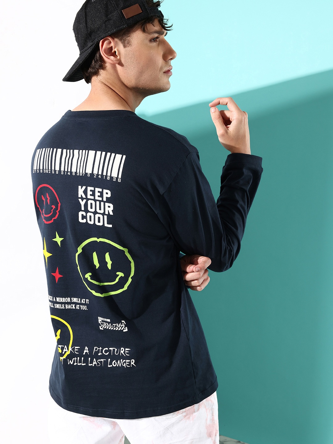 

Difference of Opinion Men Navy Blue Printed Pure Cotton Oversized T-shirt