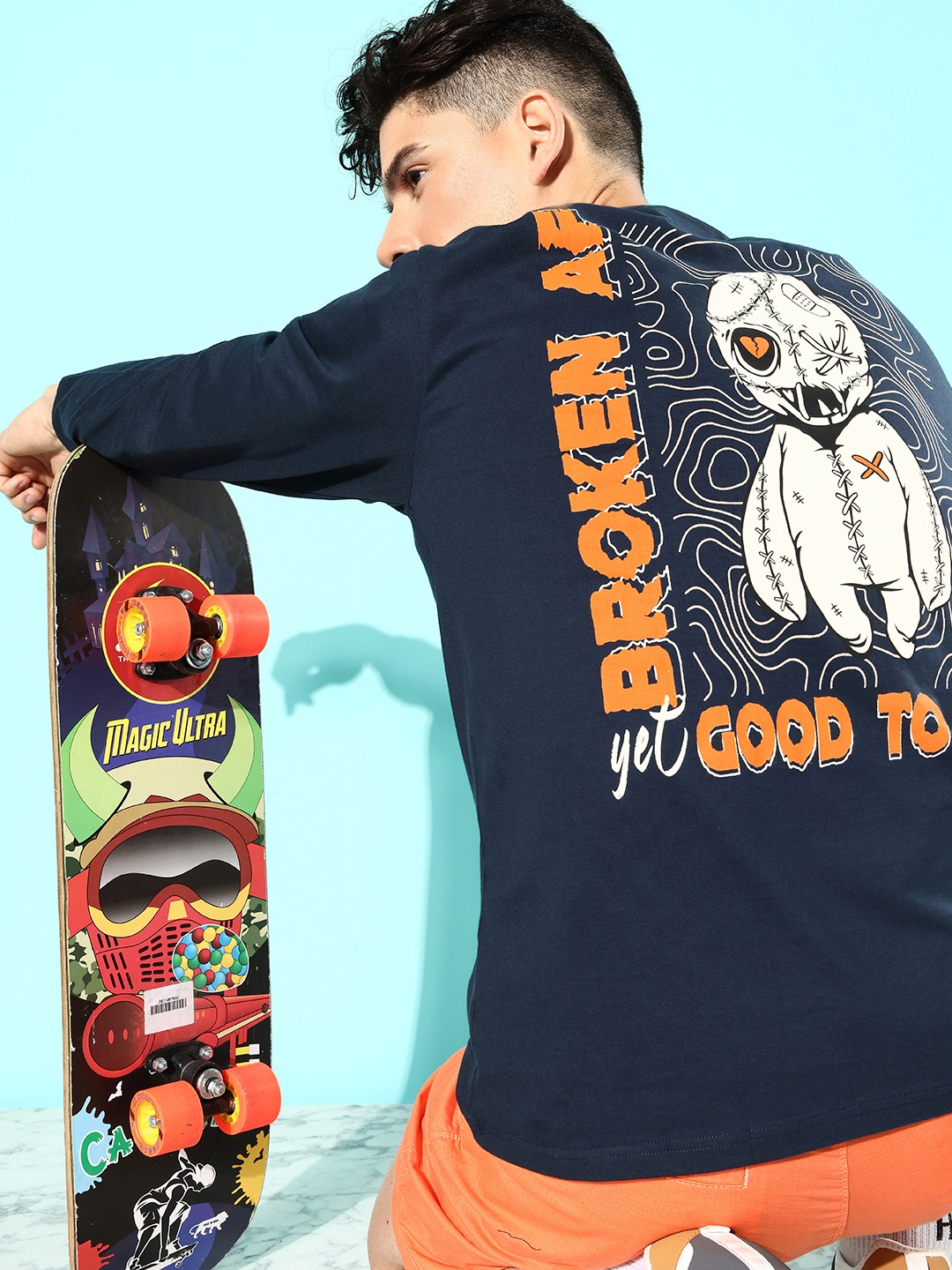 

Difference of Opinion Men Navy Blue Printed Pure Cotton Oversized T-shirt