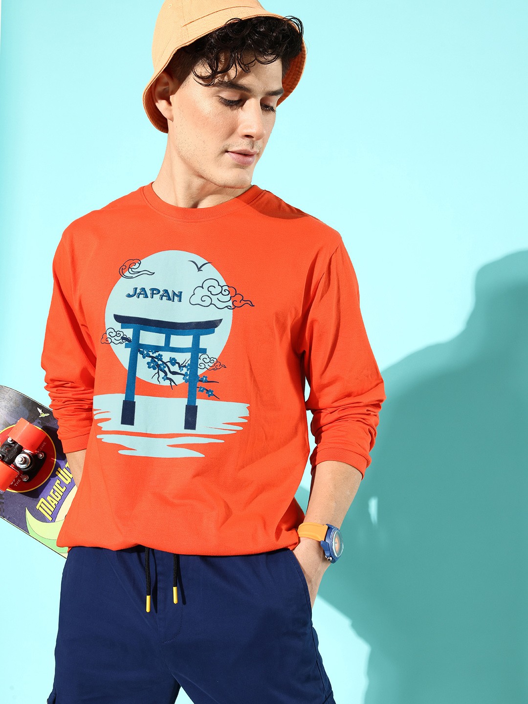 

Difference of Opinion Men Pure Cotton Printed Oversized T-shirt, Orange