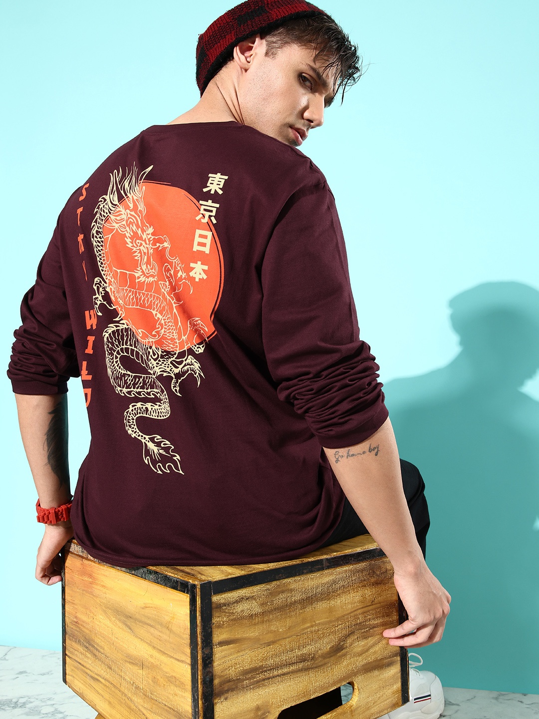 

Difference of Opinion Men Pure Cotton Printed Oversized T-shirt, Maroon