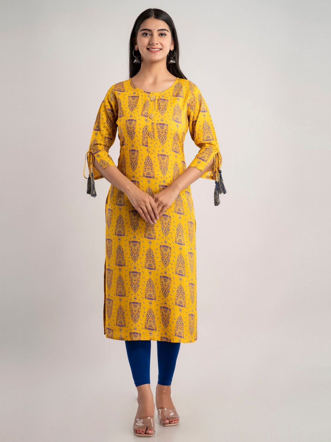 

MAUKA Women Mustard Yellow & Blue Ethnic Motifs Printed Bell Sleeves Kurta