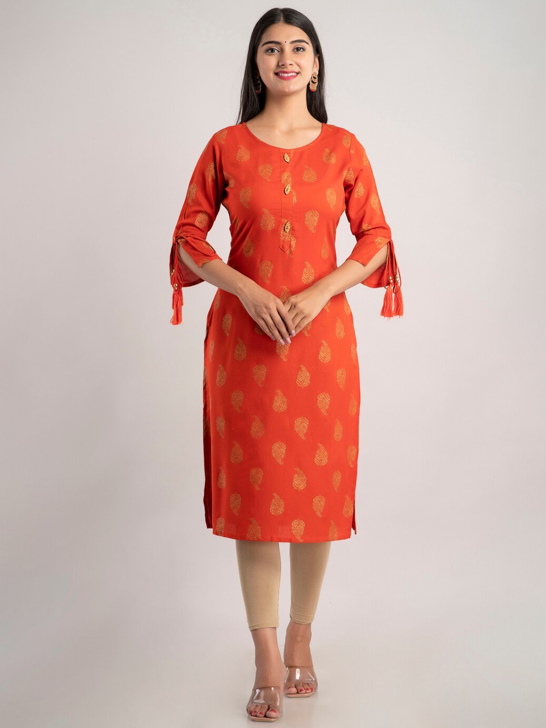 

MAUKA Women Rust & Gold-Toned Ethnic Motifs Printed Bell Sleeves Kurta
