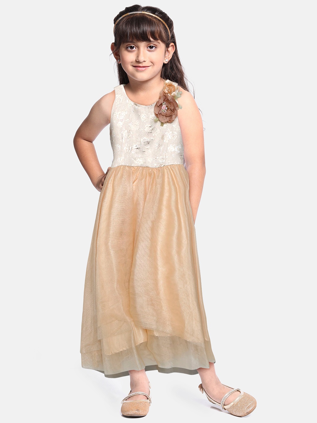 

Peppermint Girls Gold-Toned Self-Design Fit & Flare Maxi Dress