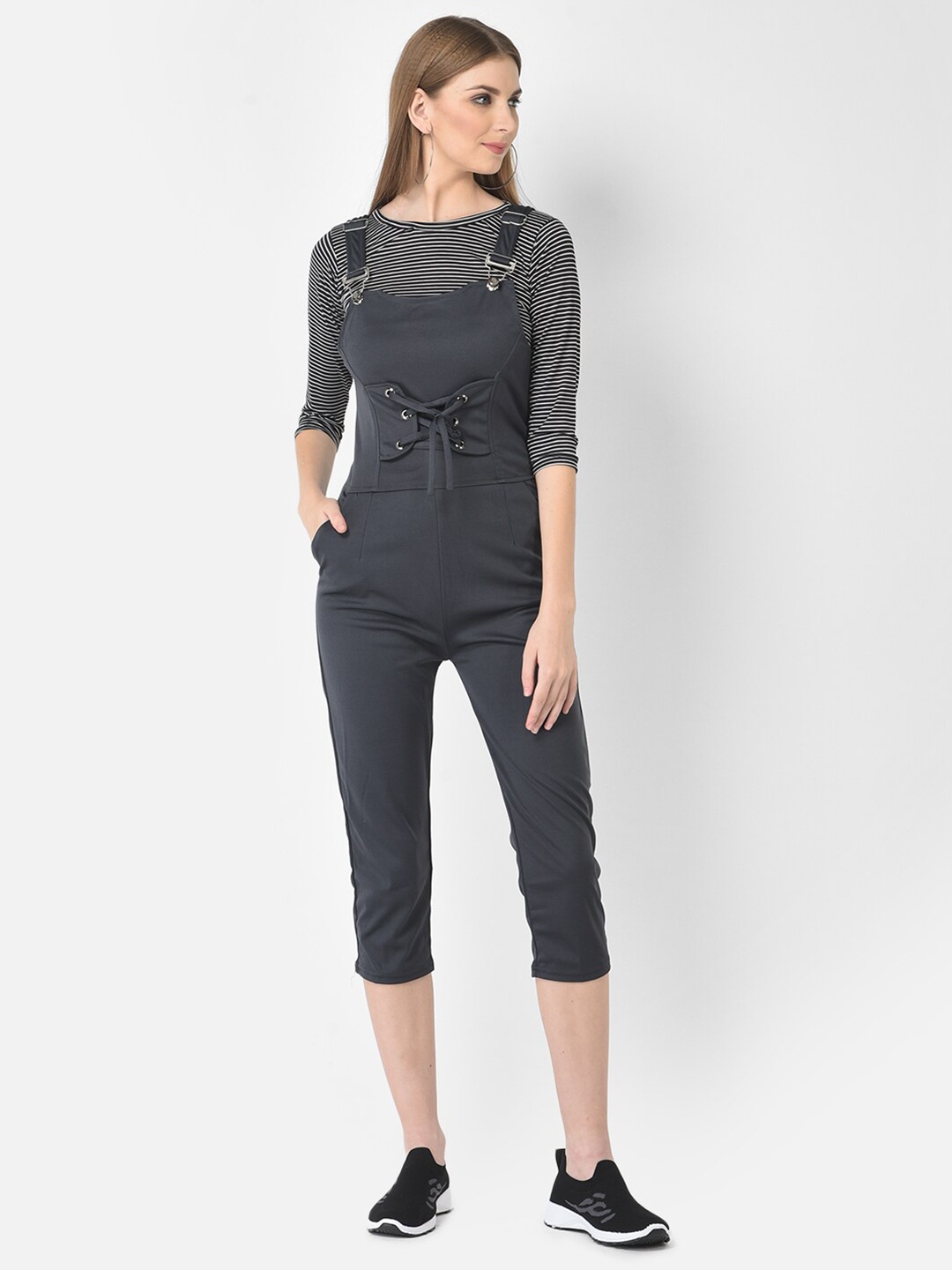 

FNOCKS Grey & White Striped Basic Jumpsuit