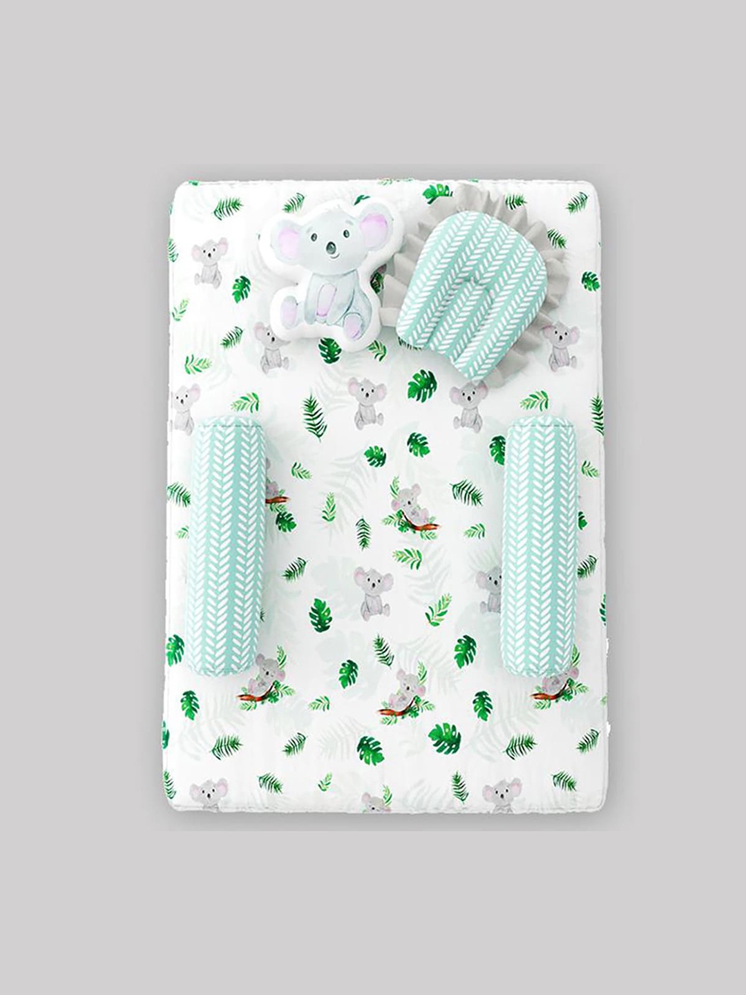 

Fancy Fluff Kids Infants Green & White Printed Organic Cotton 5 Piece Baby Bed Set