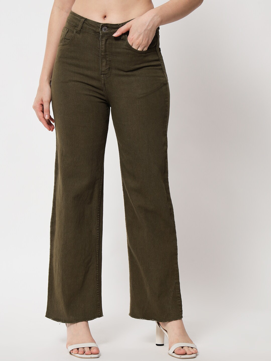 

Kotty Women Olive Green Jean Straight Fit High-Rise Stretchable Jeans