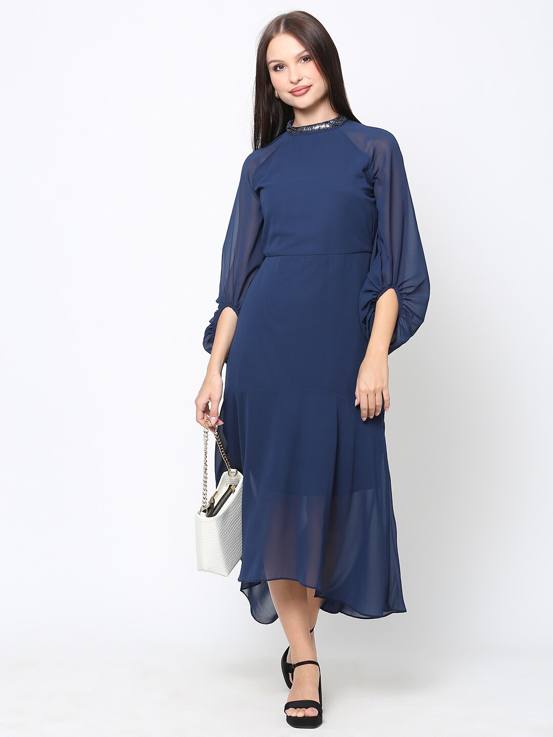 

DRIRO Navy Georgette A-Line Midi Dress, Navy blue