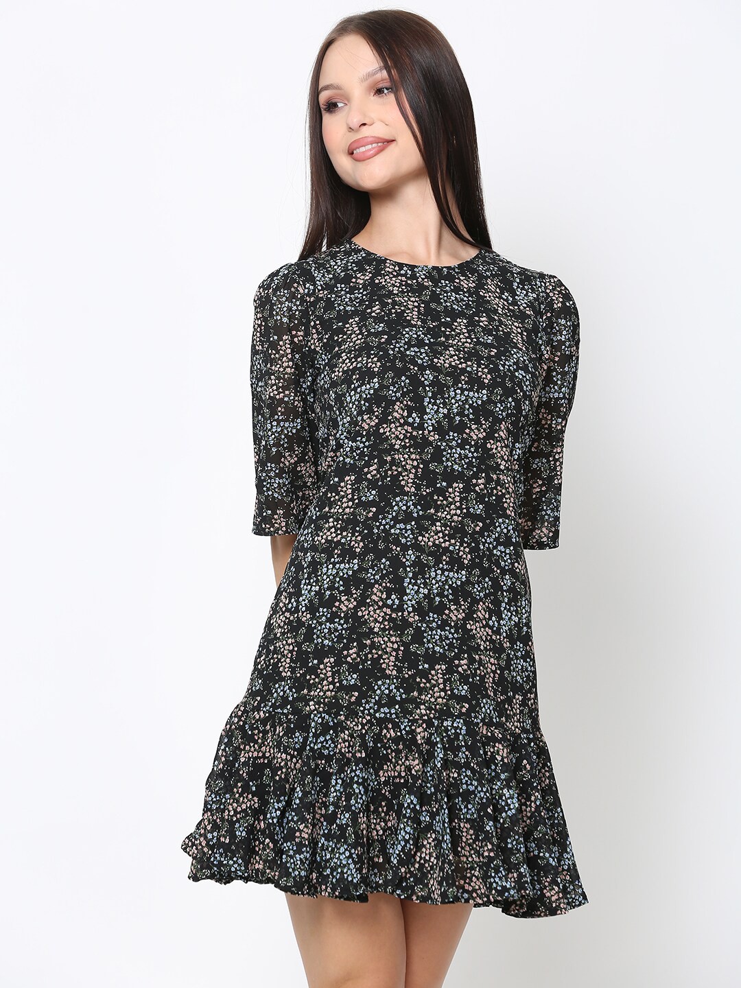 

DRIRO Black & Peach-Coloured Floral Print Drop-Waist Mini Dress