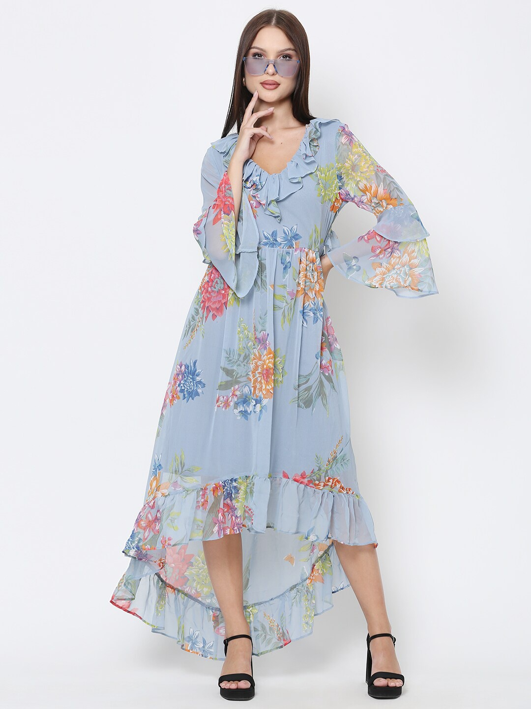 

DRIRO Blue & Yellow Floral Printed Georgette A-Line Maxi Dress