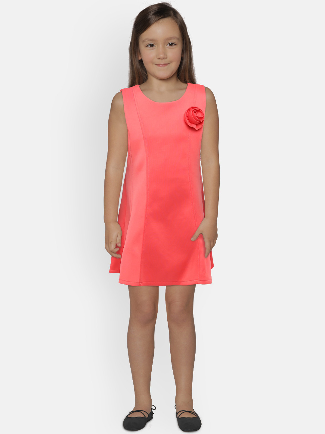 

Peppermint Girls Peach-Coloured Solid A-Line Dress