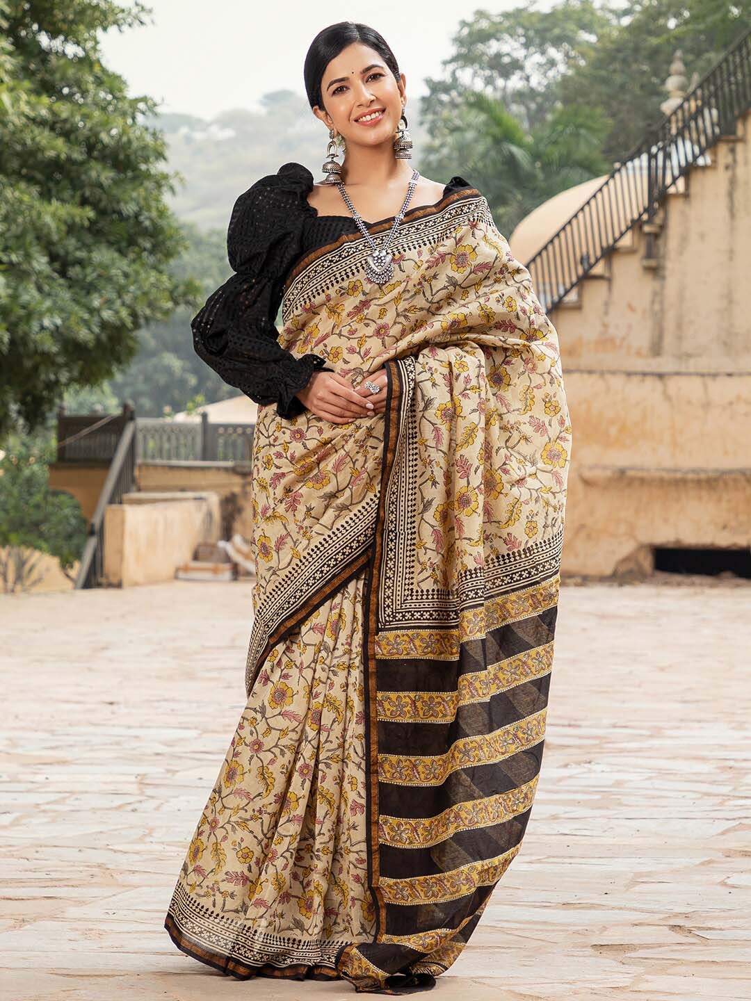 

Ambraee Yellow & Black Floral Ready to Wear Chanderi Saree