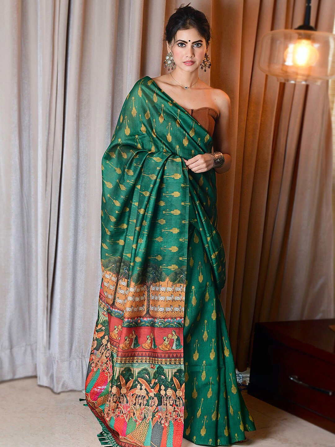 

Ambraee Green & Red Ethnic Motifs Silk Cotton Ready to Wear Ikat Saree