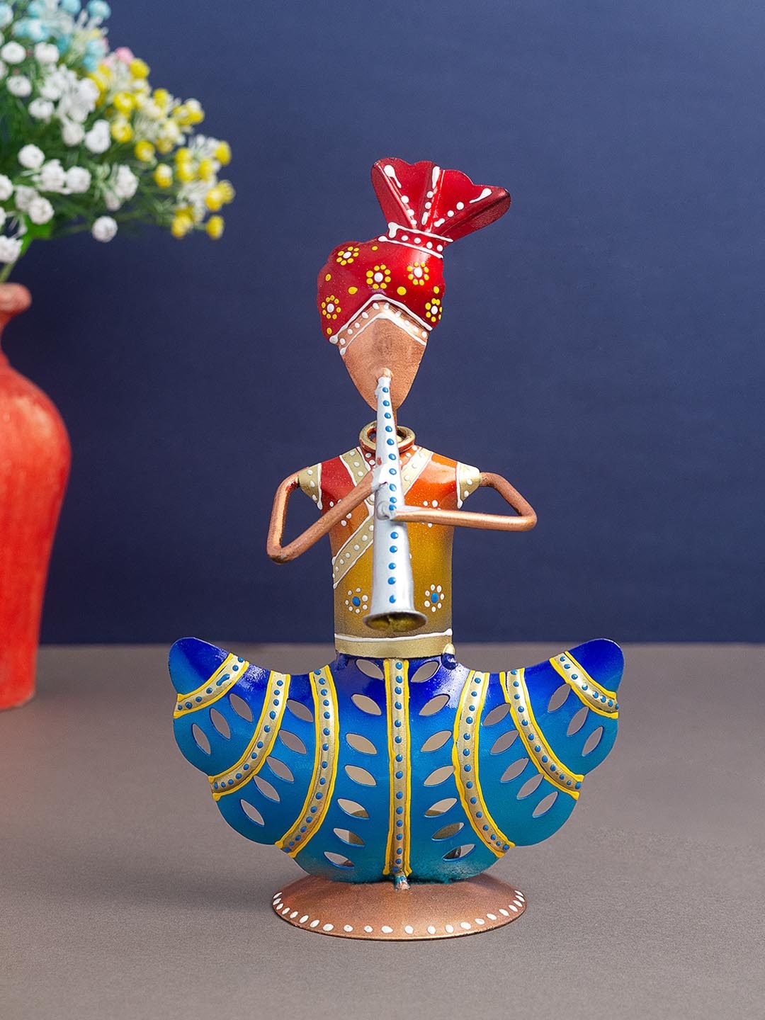 

Golden Peacock Blue & Red Printed Musician Figurine T-Light Candle Holder Showpiece