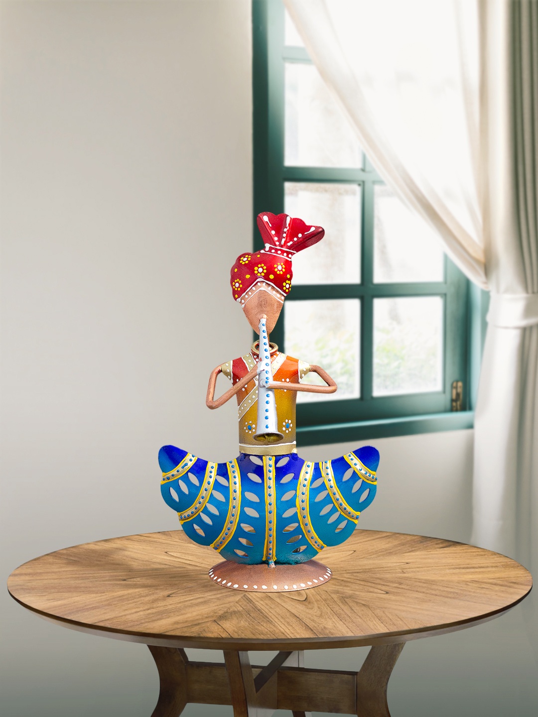 

Golden Peacock Blue & Red Printed Musician Figurine T-Light Candle Holder Showpiece