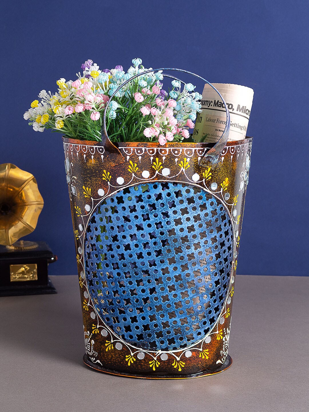 

Golden Peacock Gold-Toned & Blue Bucket-Shaped Multi-Utility Organizer