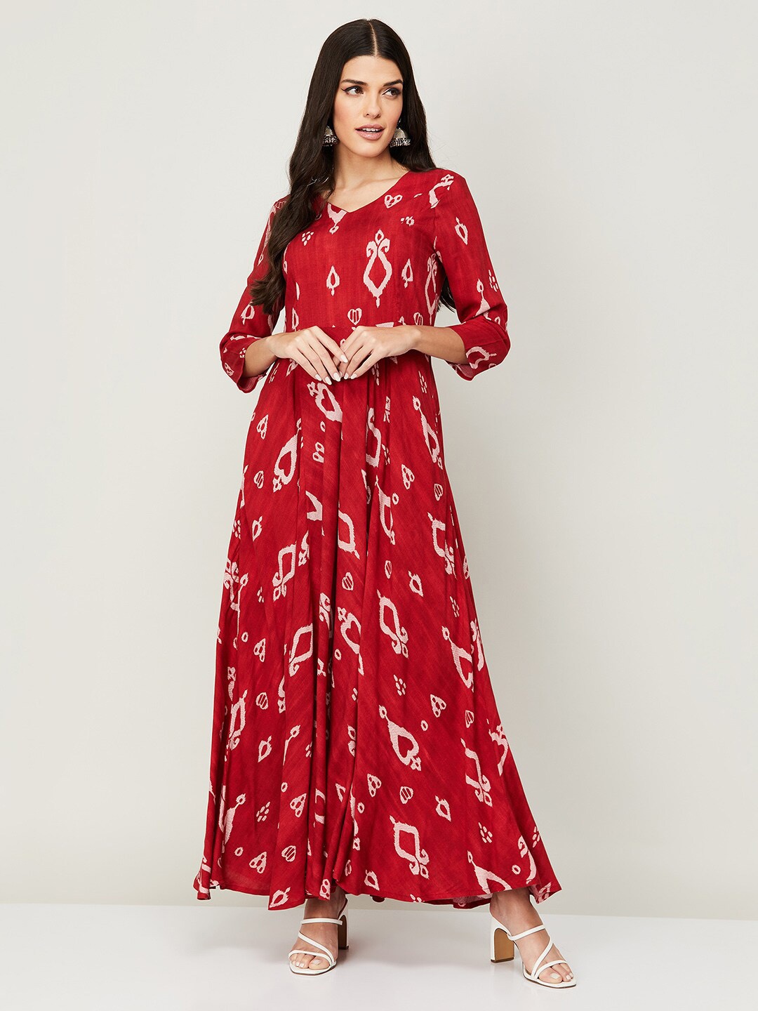 

Colour Me by Melange Women Red Printed Three-Quarter Sleeves Maxi Dress