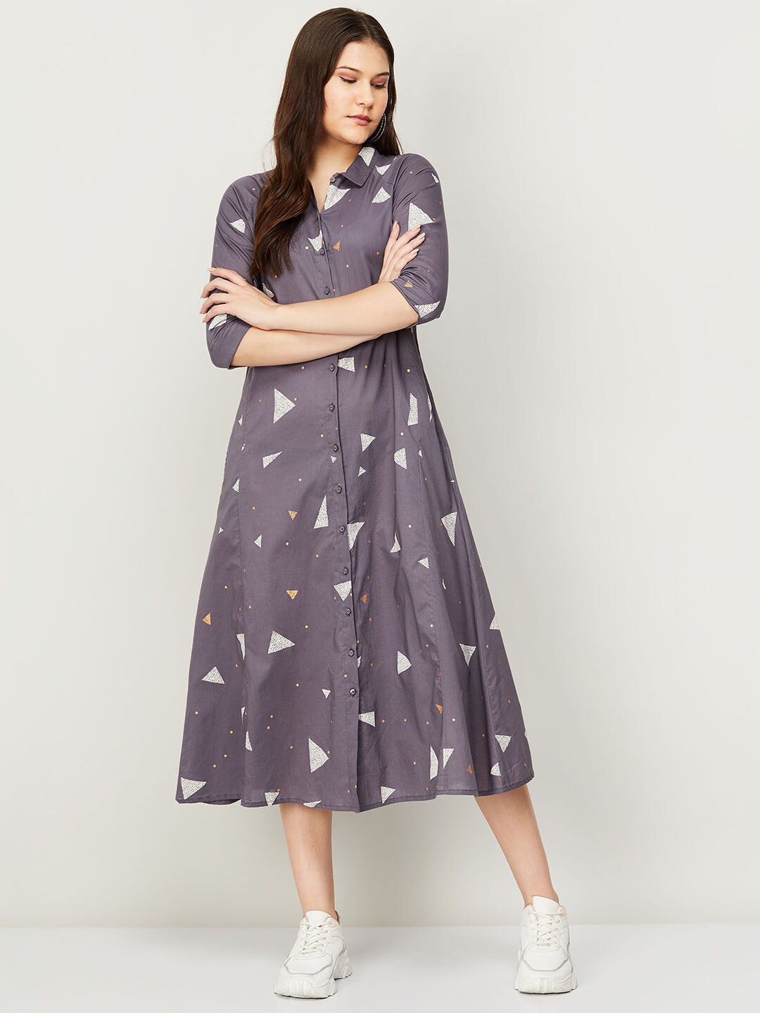 

Colour Me by Melange Women Grey Printed Cotton Shirt Midi Dress