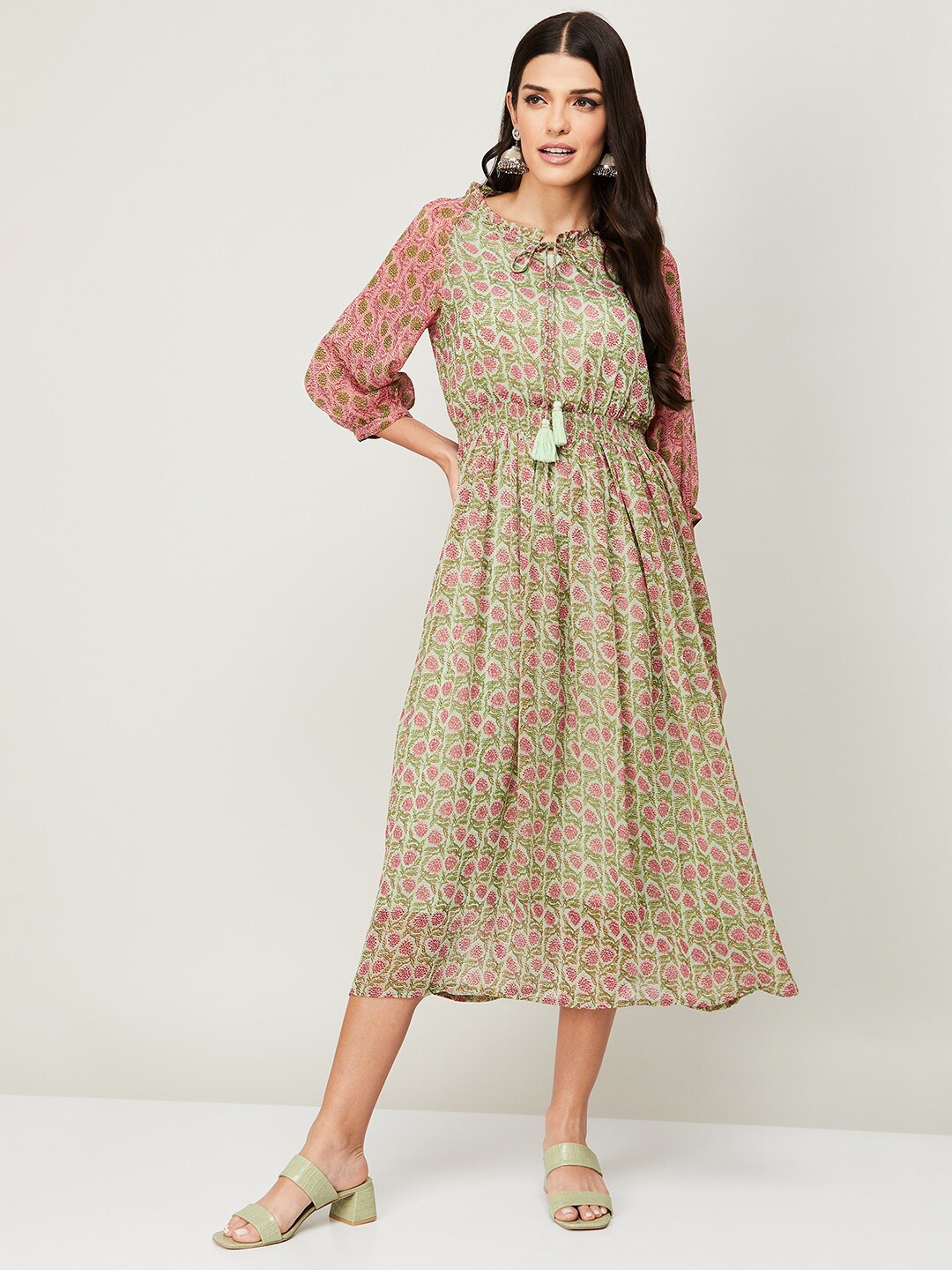 

Colour Me by Melange Women Green & Pink Floral Tie-Up Neck Polyester Midi Dress
