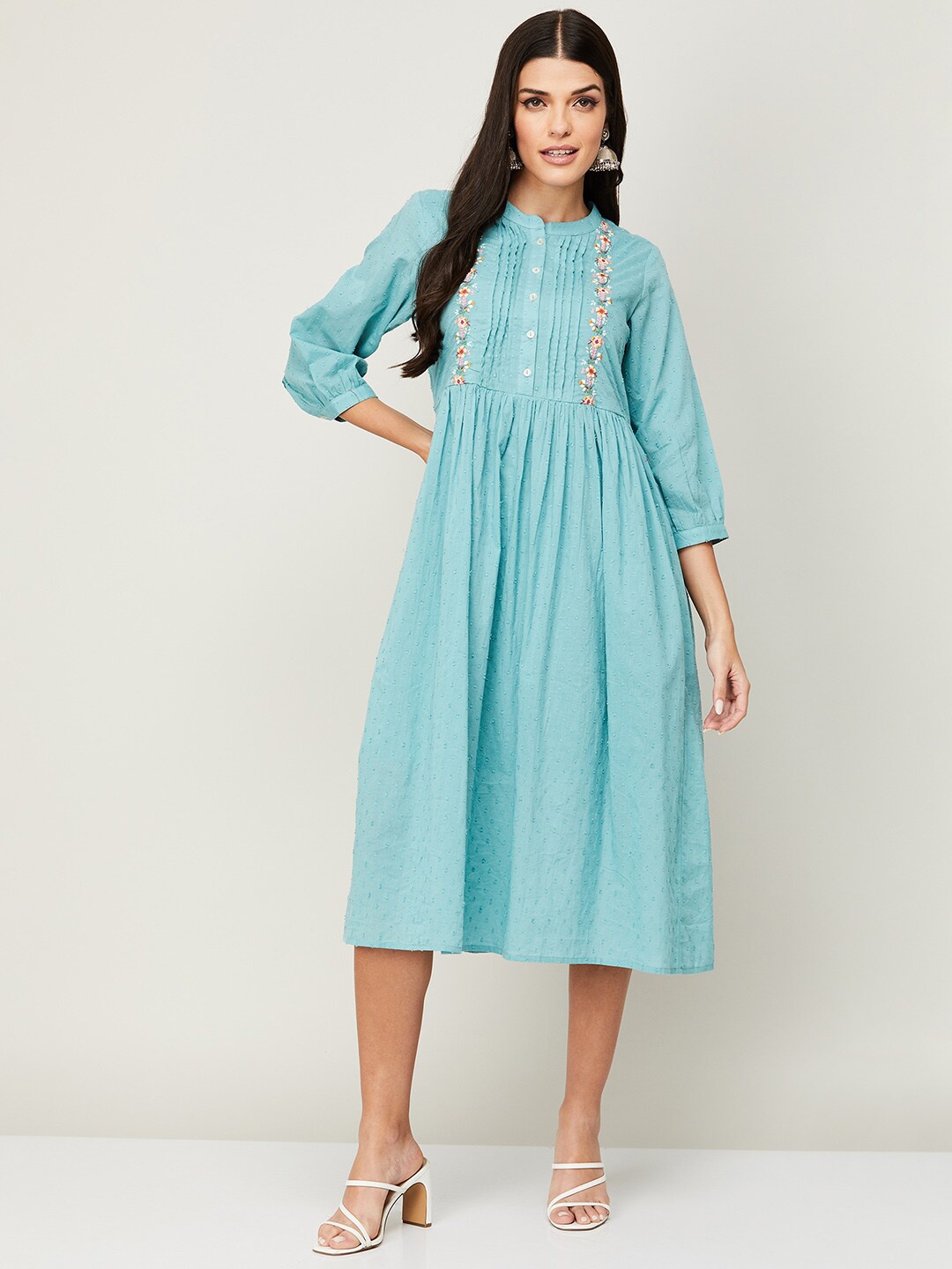 

Colour Me by Melange Women Blue Floral Embroidered Cotton Midi Dress