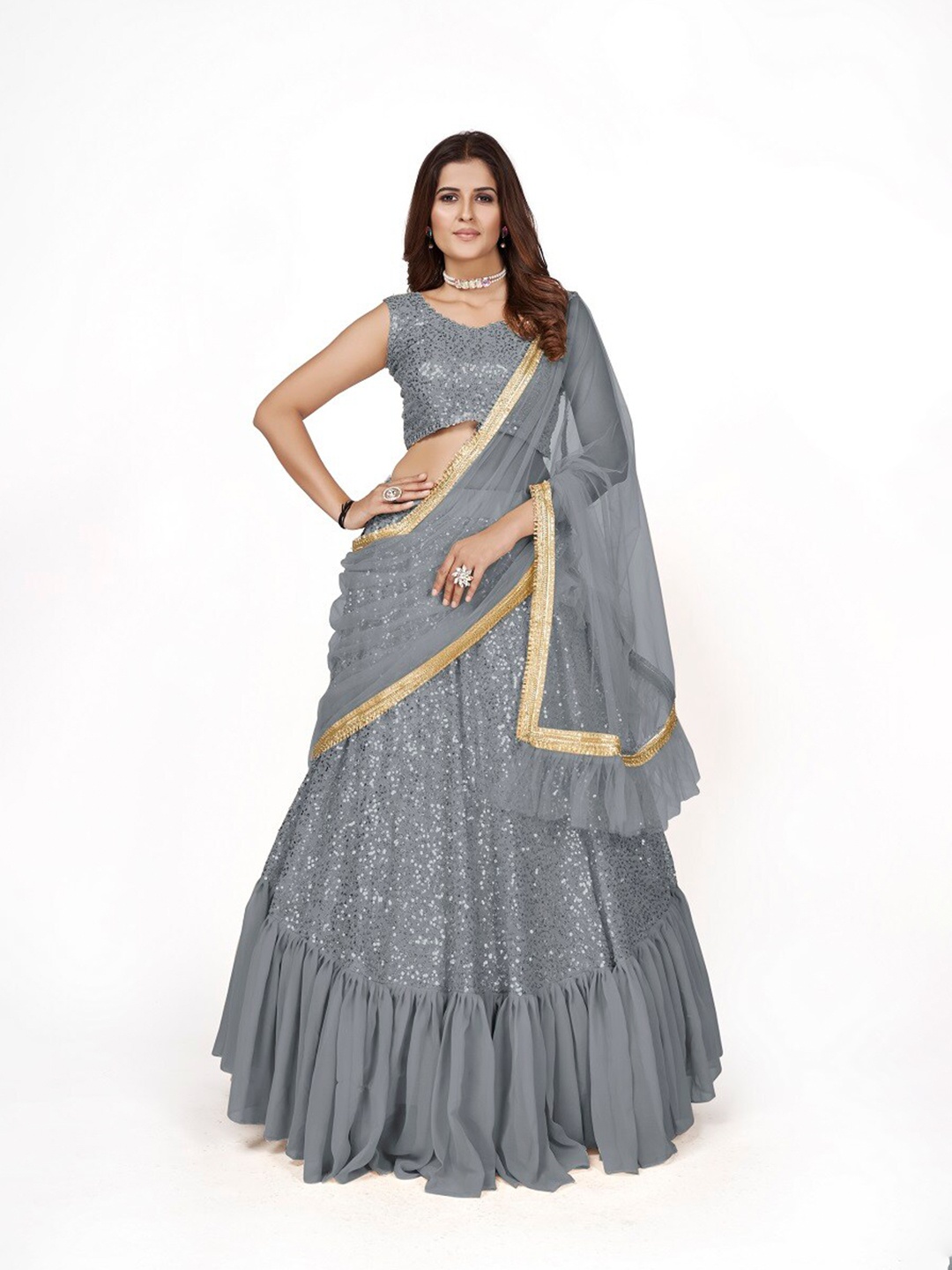

ODETTE Grey & Gold-Toned Semi-Stitched Lehenga & Unstitched Blouse With Dupatta