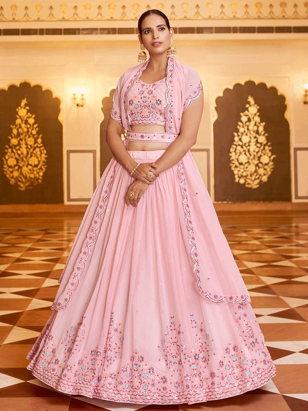 

ODETTE Pink & Blue Embroidered Thread Work Semi-Stitched Lehenga & Unstitched Blouse With Dupatta