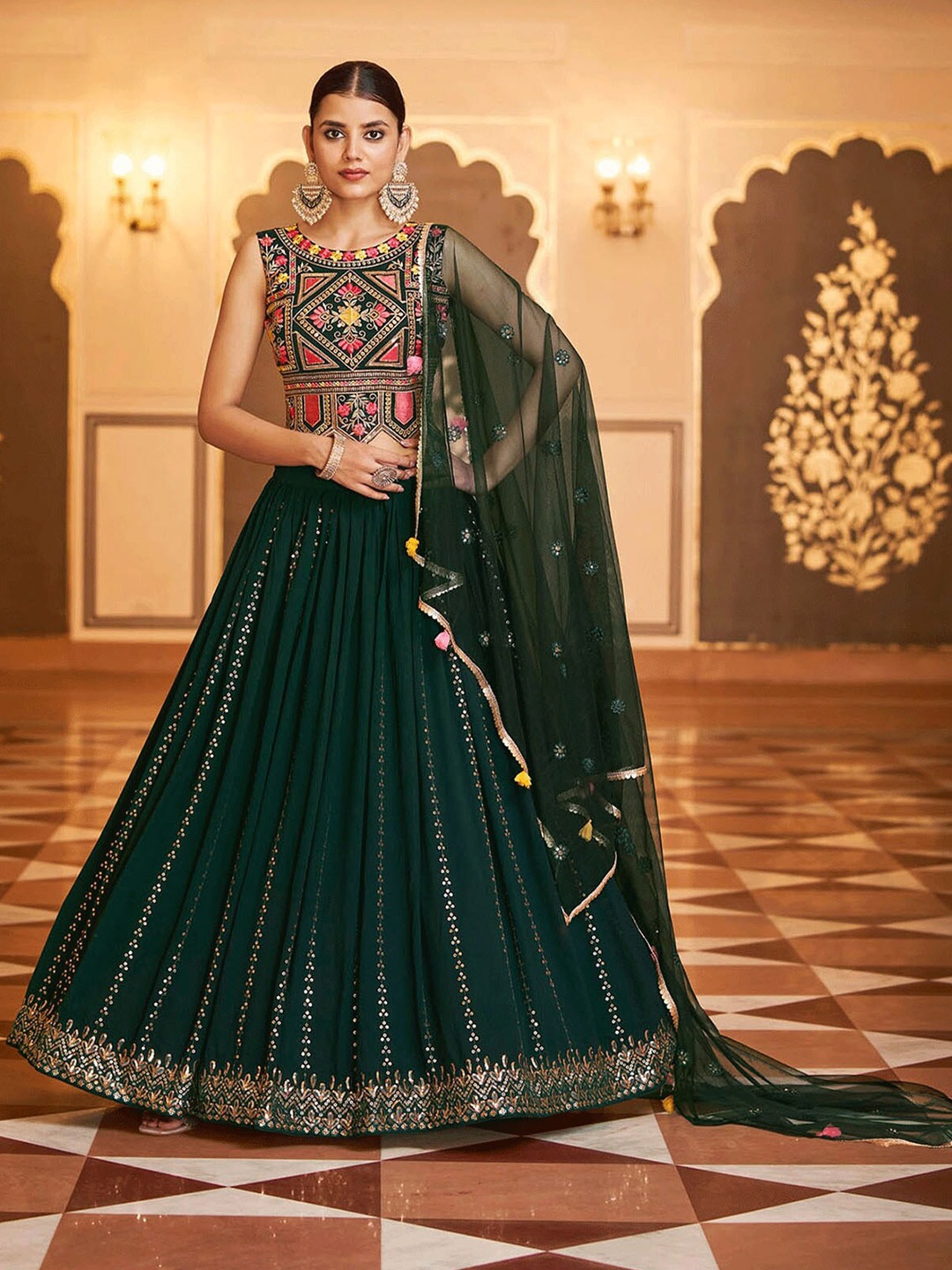 

ODETTE Green & Gold-Toned Embroidered Semi-Stitched Lehenga & Unstitched Blouse With Dupatta