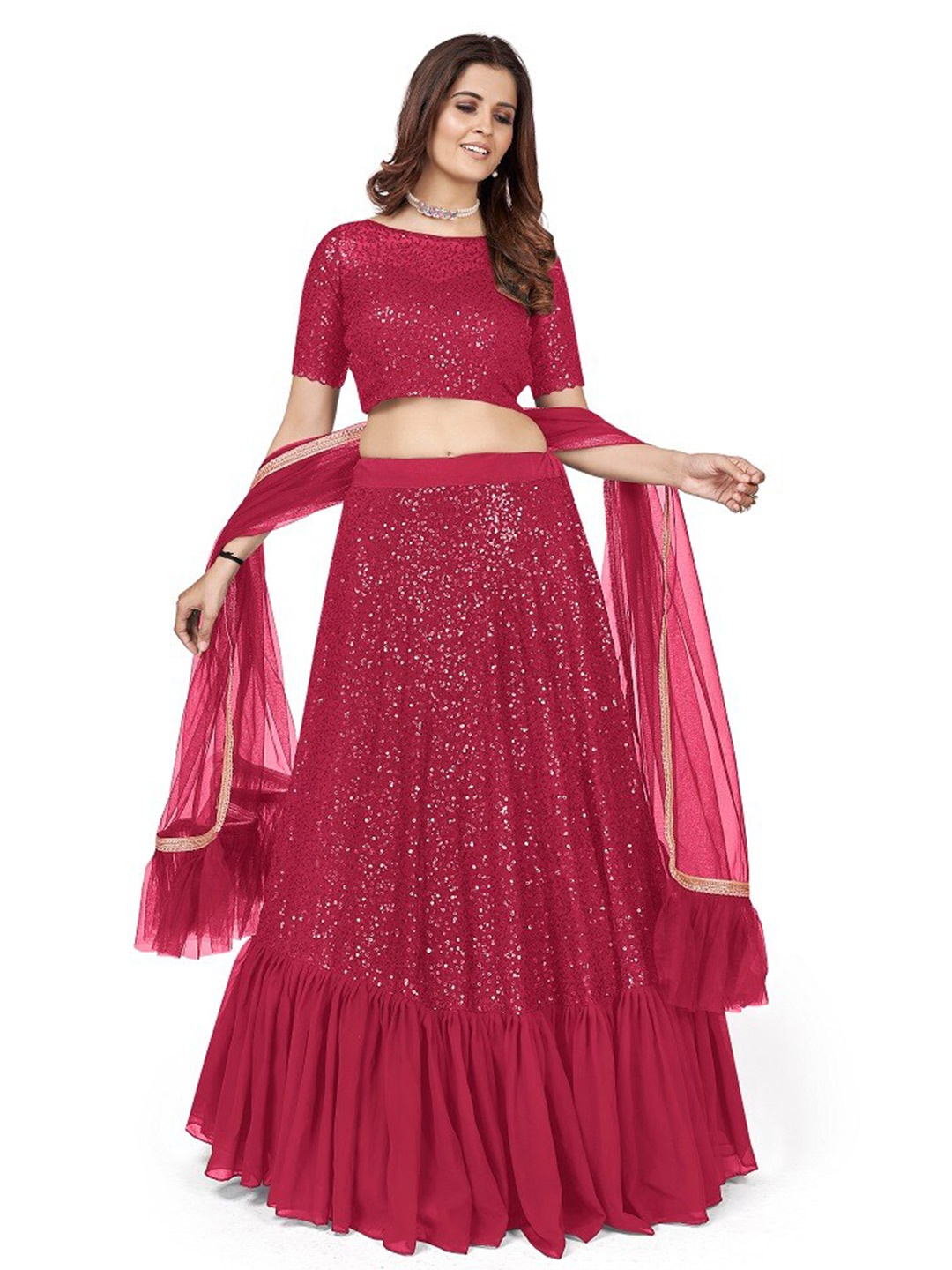 

ODETTE Pink Embellished Semi-Stitched Lehenga & Unstitched Blouse With Dupatta
