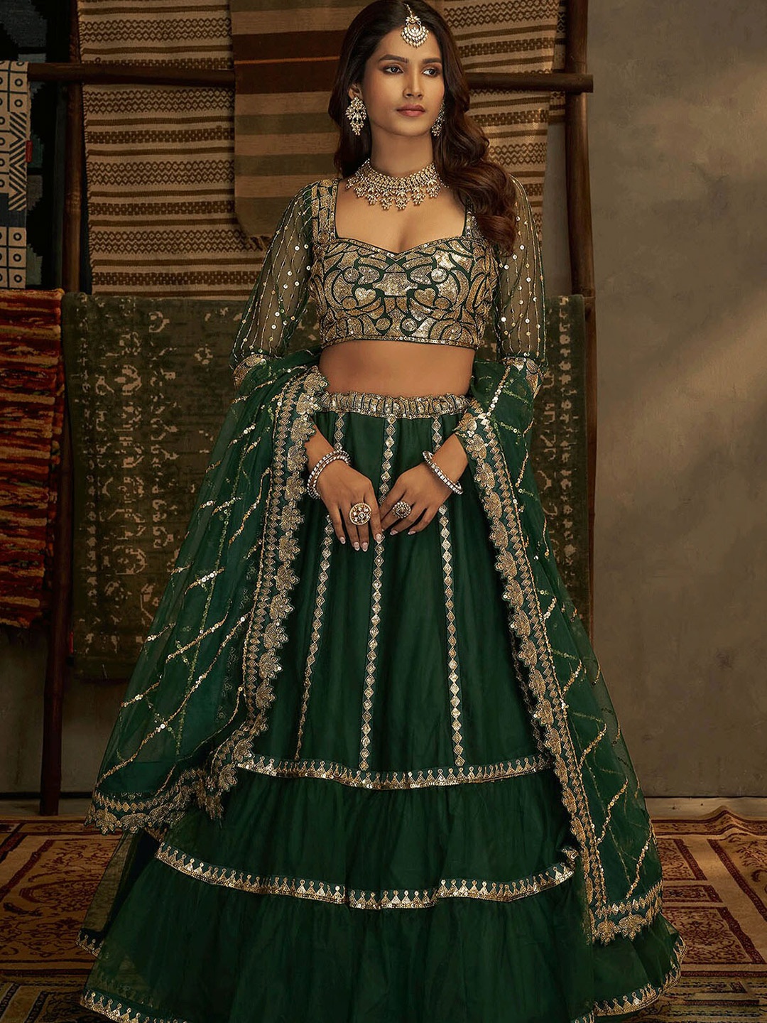 

ODETTE Green & Gold-Toned Embroidered Semi-Stitched Lehenga & Unstitched Blouse With Dupatta