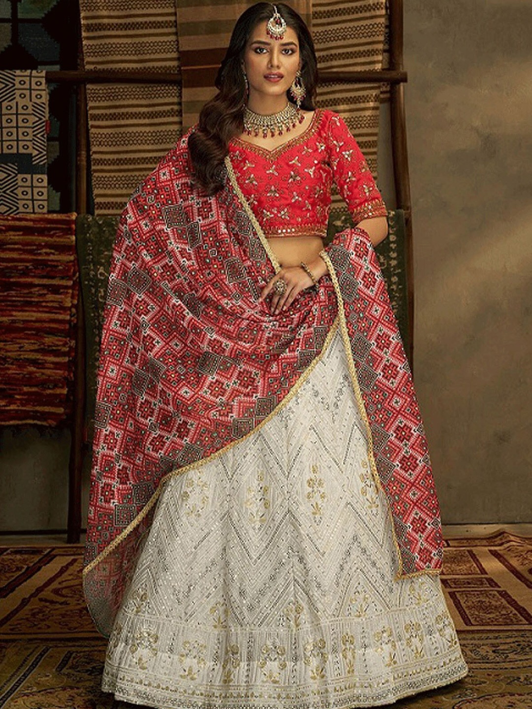 

ODETTE White & Red Embroidered Thread Work Semi-Stitched Lehenga & Unstitched Blouse With Dupatta