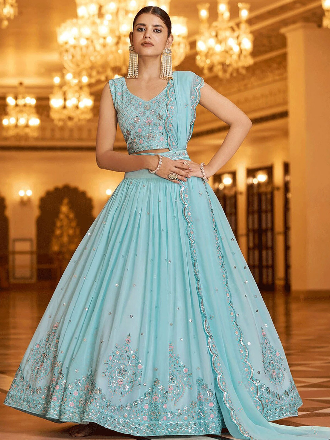 

ODETTE Blue Embellished Thread Work Semi-Stitched Lehenga & Unstitched Blouse With Dupatta