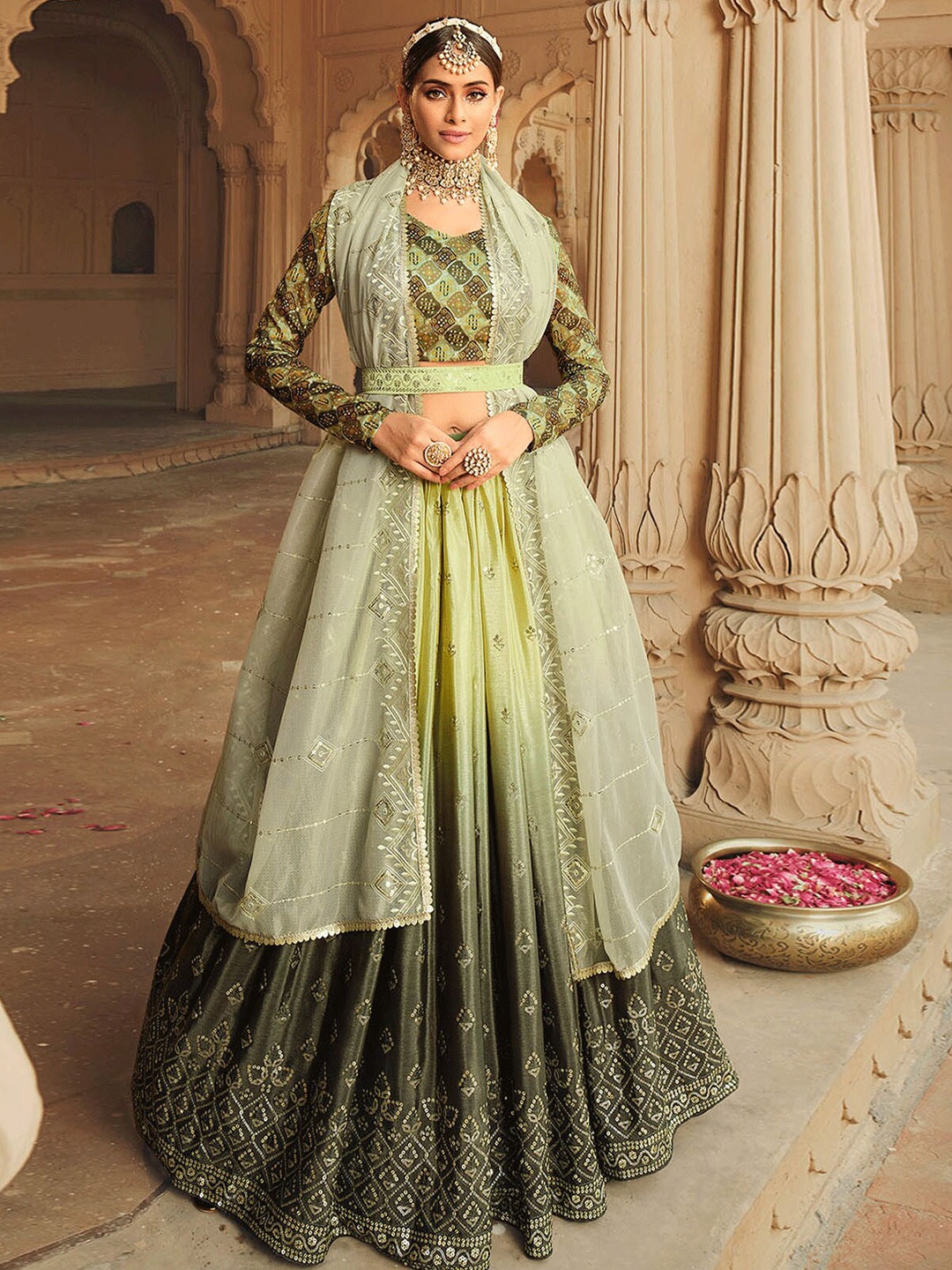 

ODETTE Olive Green & Printed Thread Work Semi-Stitched Lehenga & Unstitched Blouse With Dupatta