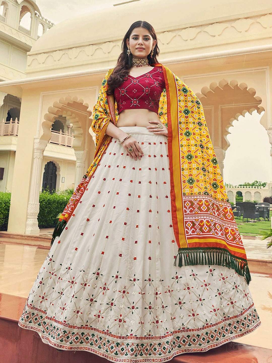

ODETTE White & Red Embroidered Thread Work Semi-Stitched Lehenga & Unstitched Blouse With Dupatta