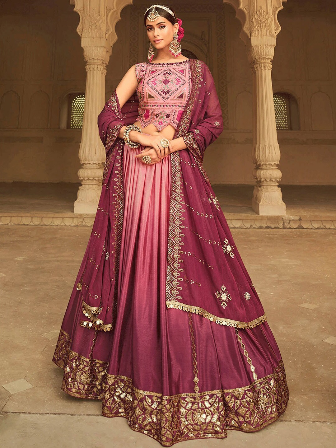 

ODETTE Pink Sequinned Semi-Stitched Lehenga & Unstitched Blouse With Dupatta