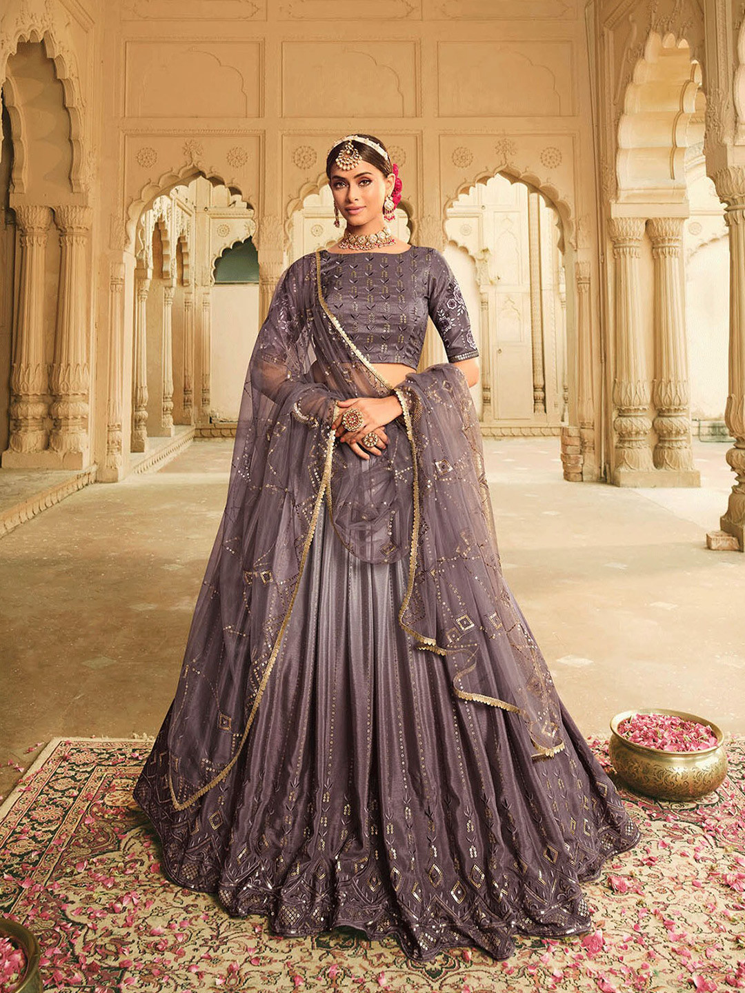 

ODETTE Violet & Gold-Toned Semi-Stitched Lehenga & Unstitched Blouse With Dupatta