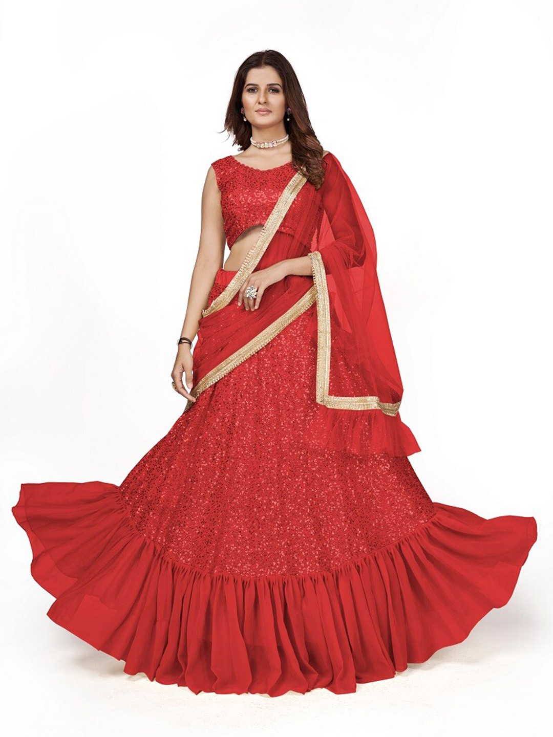 

ODETTE Red & Gold-Toned Embellished Thread Work Semi-Stitched Lehenga & Unstitched Blouse With Dupatta